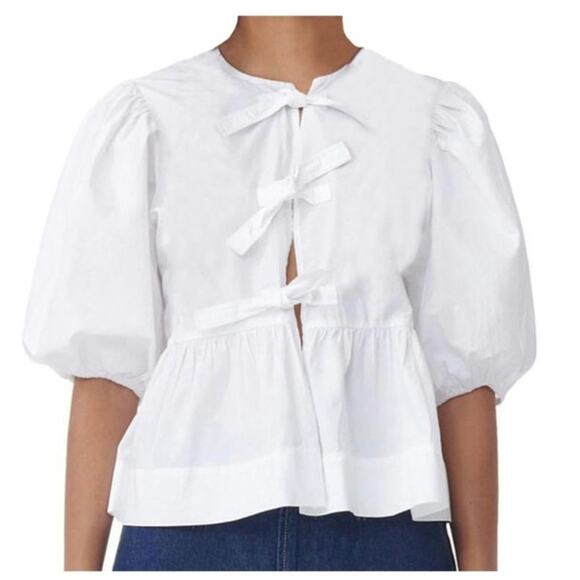 Amazon Tops - MANGMAO Shirt Womens Size Small Front Tie White Peplum Puff Sleeve 3/4 Length